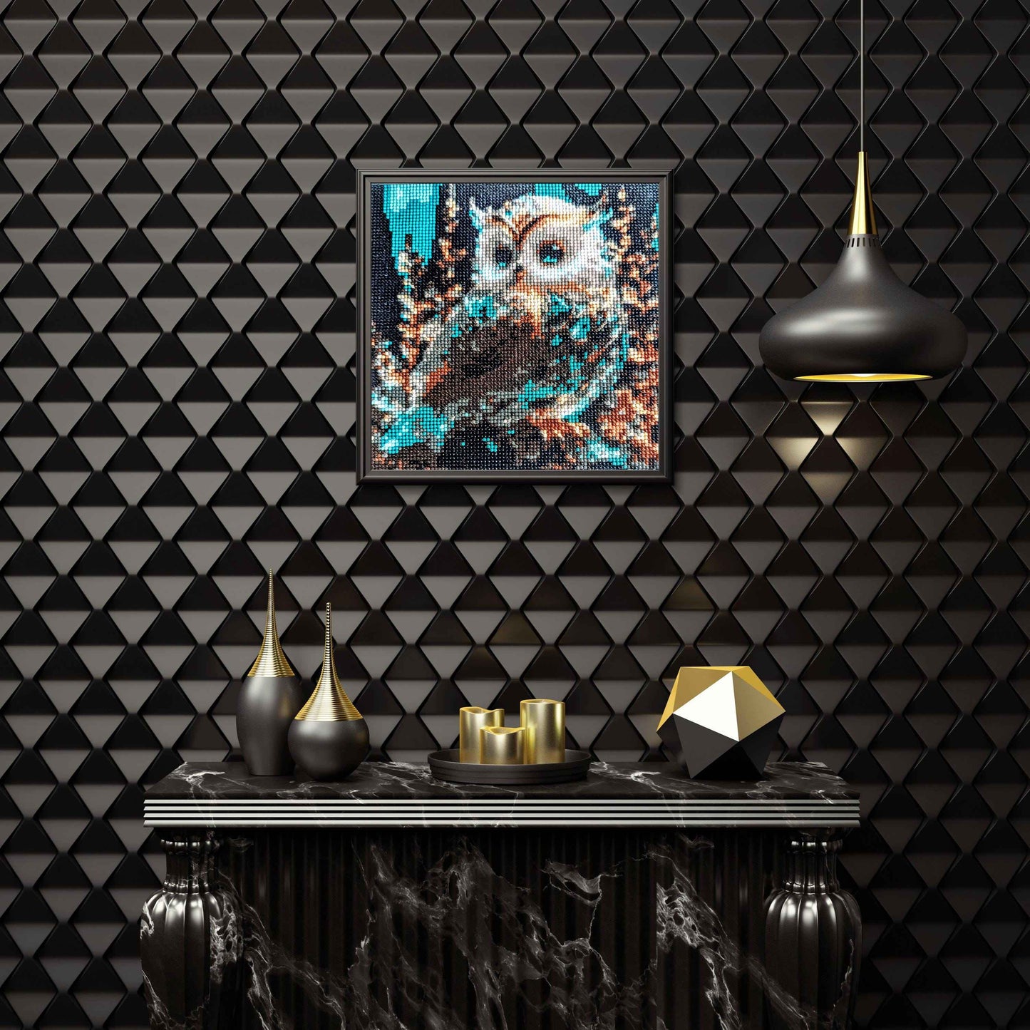 Completed Blue Owl Diamond Painting 30x30cm | 5D Full Drill Mystical Forest Art | Ready to Frame Nature Decor