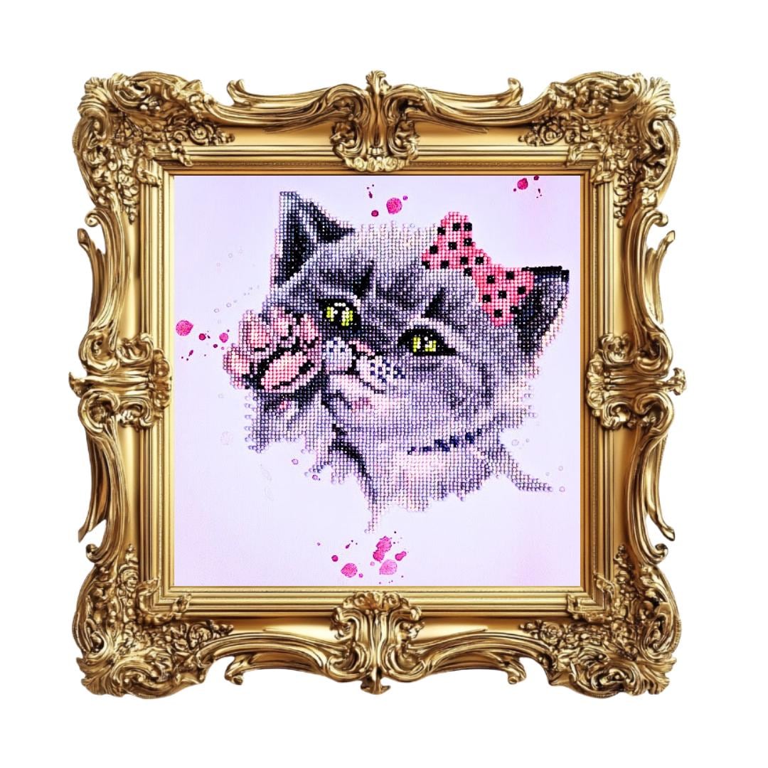 Handmade Diamond Painting Kitten with Pink Bow – 5D Full Drill Round Diamonds, - Diamond Art Gifts