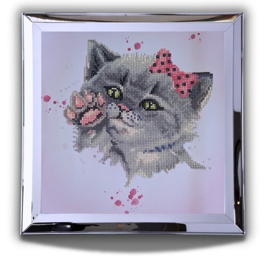 Completed Kitten Diamond Painting 30x30cm | 5D Full Drill Cat Art with Pink Bow | Ready to Frame Nursery Decor