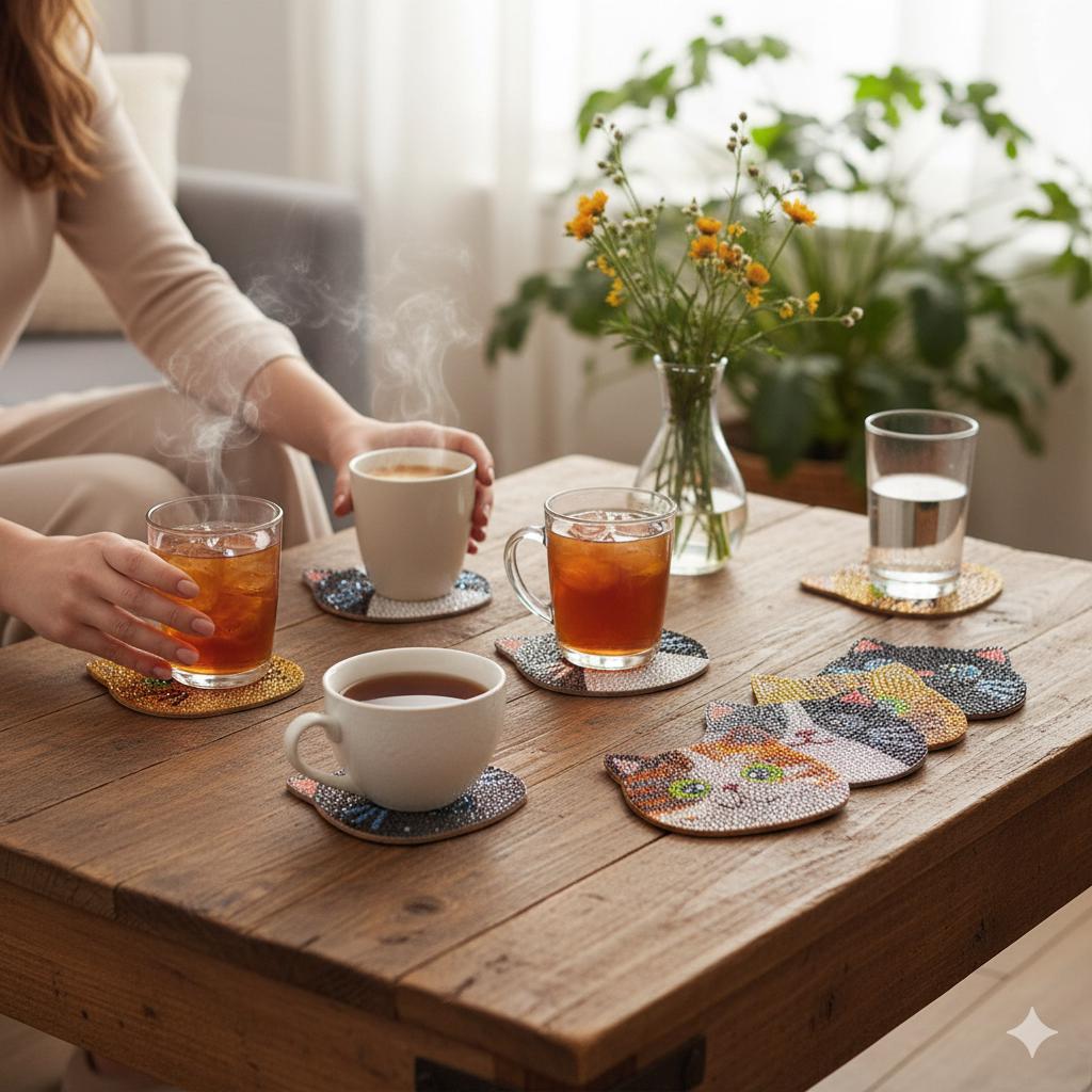 Handmade Diamond Painting Cat Coasters (Set of 10): Sparkly