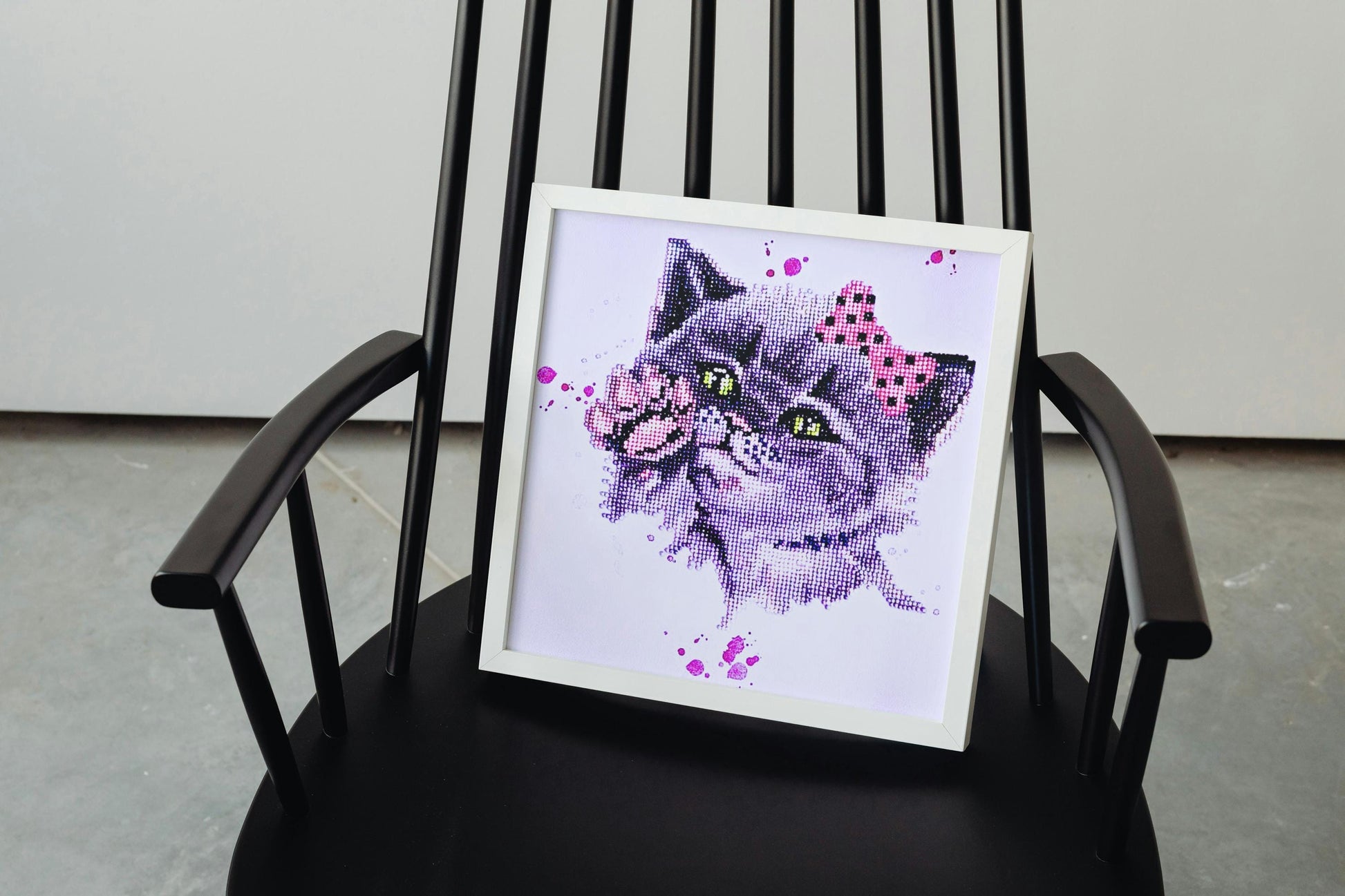 Handmade  Diamond Painting Kitten with Pink Bow – 5D Full Drill Round Diamonds, - Diamond Art Gifts