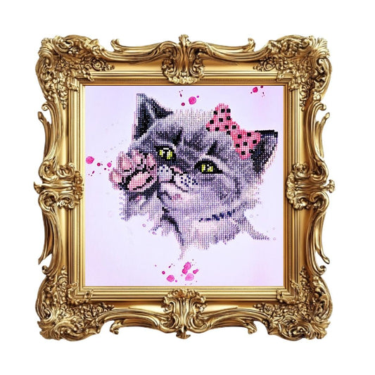 Handmade  Diamond Painting Kitten with Pink Bow – 5D Full Drill Round Diamonds, - Diamond Art Gifts