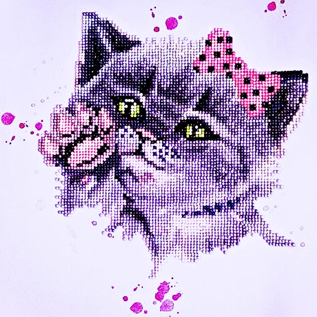 Handmade  Diamond Painting Kitten with Pink Bow – 5D Full Drill Round Diamonds, - Diamond Art Gifts