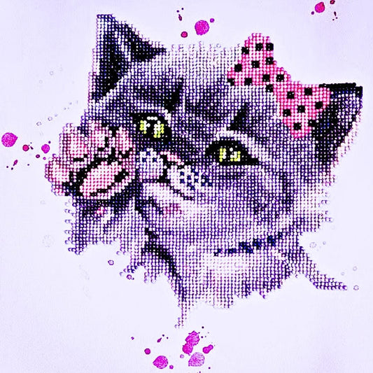 Handmade  Diamond Painting Kitten with Pink Bow – 5D Full Drill Round Diamonds, - Diamond Art Gifts