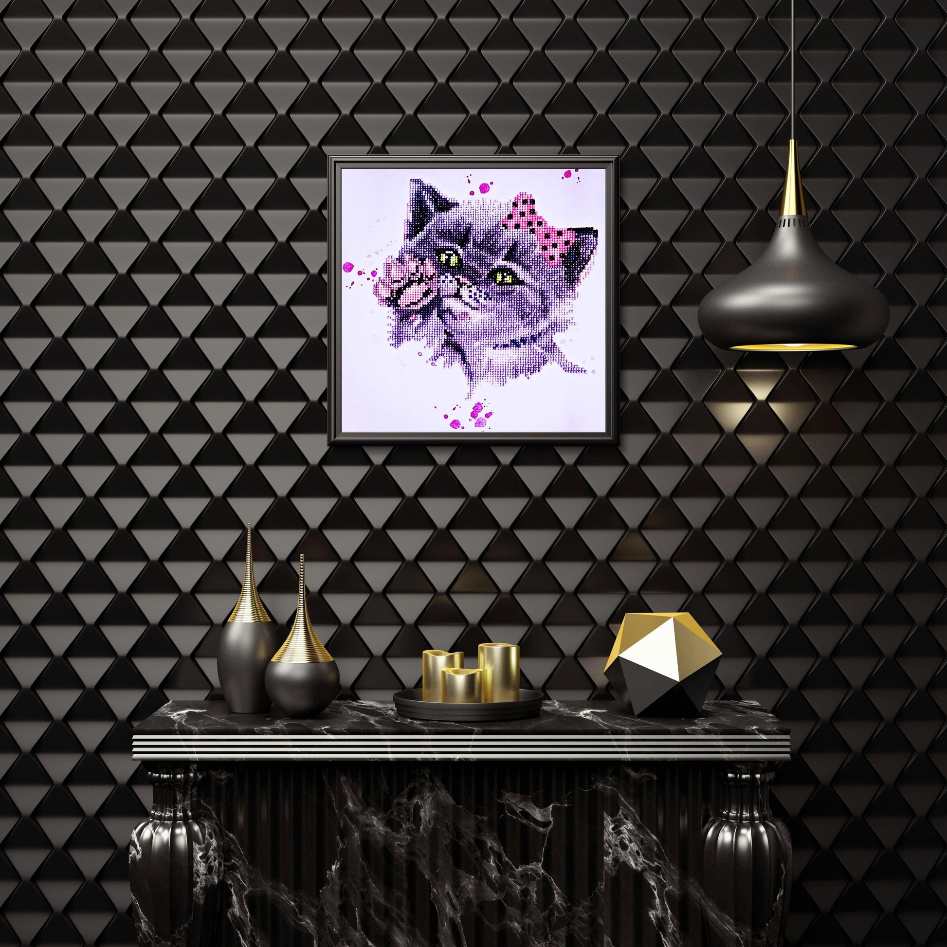 Handmade  Diamond Painting Kitten with Pink Bow – 5D Full Drill Round Diamonds, - Diamond Art Gifts